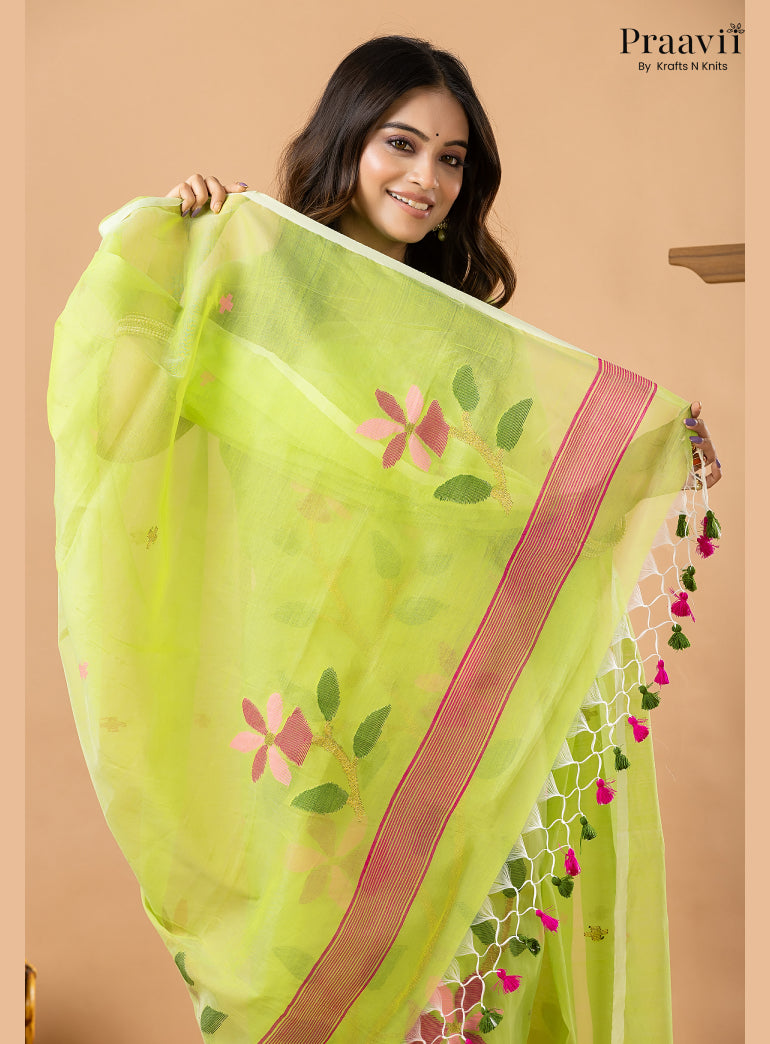 Grass Green Muslin Handwoven Jamdani 2-Piece Suit Set
