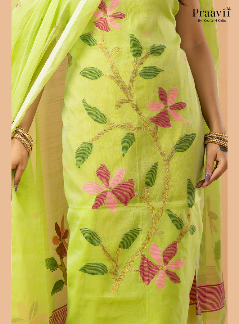 Grass Green Muslin Handwoven Jamdani 2-Piece Suit Set