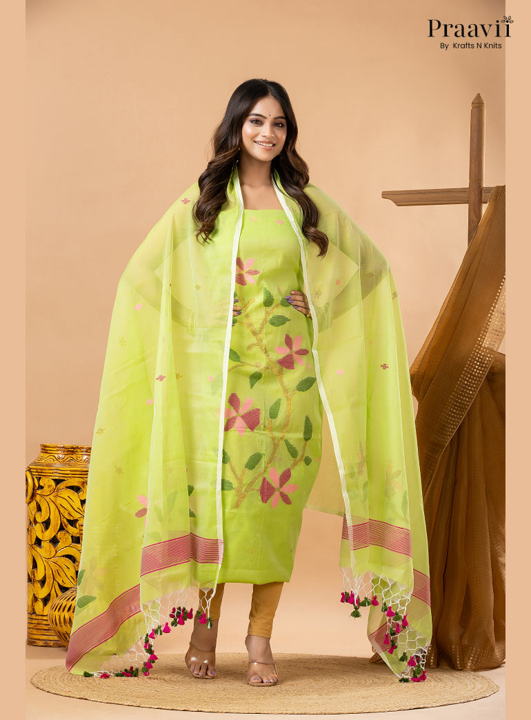 Grass Green Muslin Handwoven Jamdani 2-Piece Suit Set