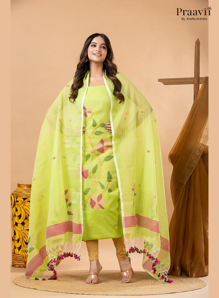 Grass Green Muslin Handwoven Jamdani 2-Piece Suit Set