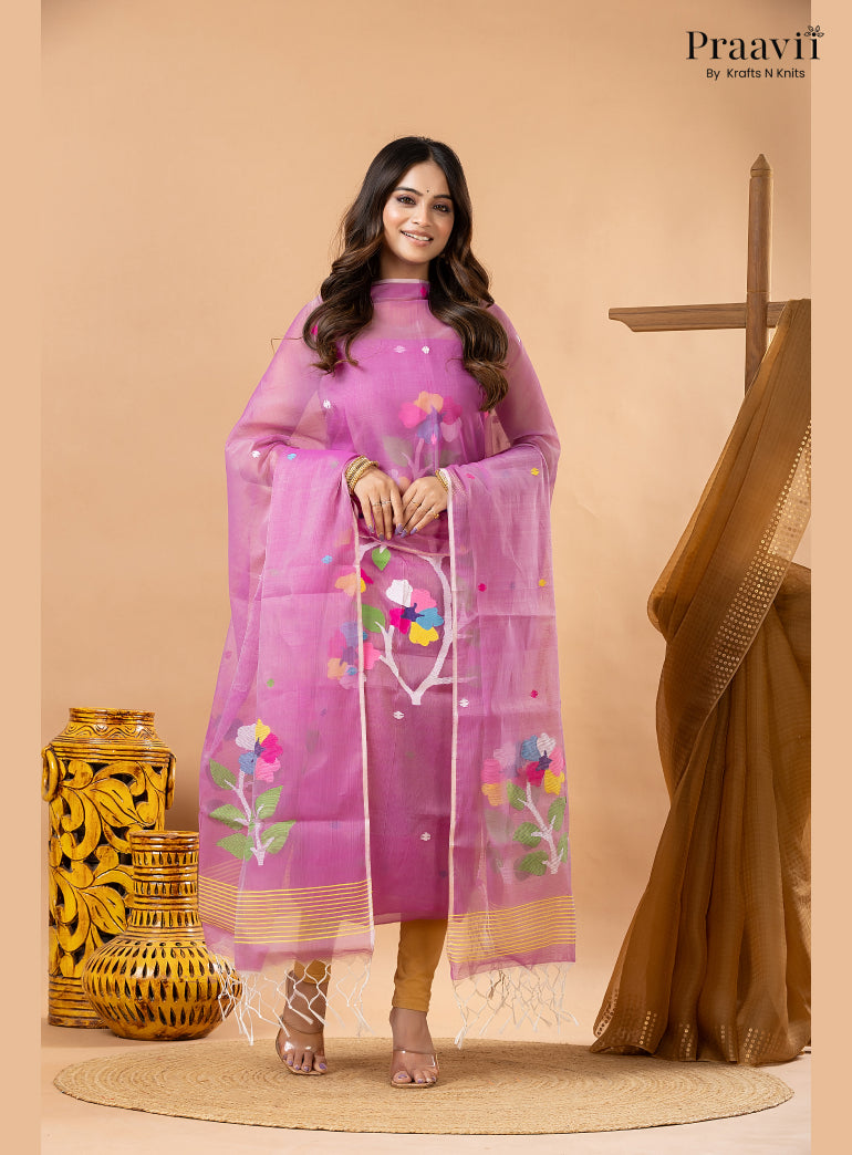 Lavender Pink Muslin Handwoven Jamdani 2-Piece Suit Set