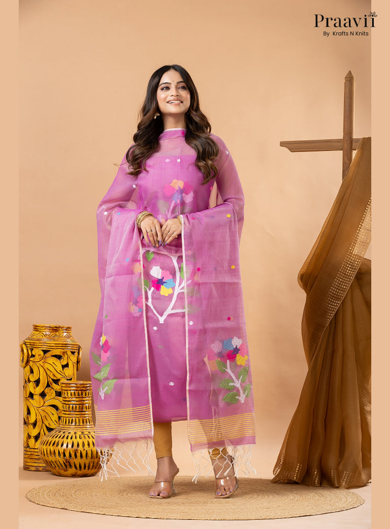 Lavender Pink Muslin Handwoven Jamdani 2-Piece Suit Set