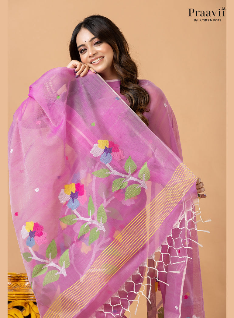 Lavender Pink Muslin Handwoven Jamdani 2-Piece Suit Set