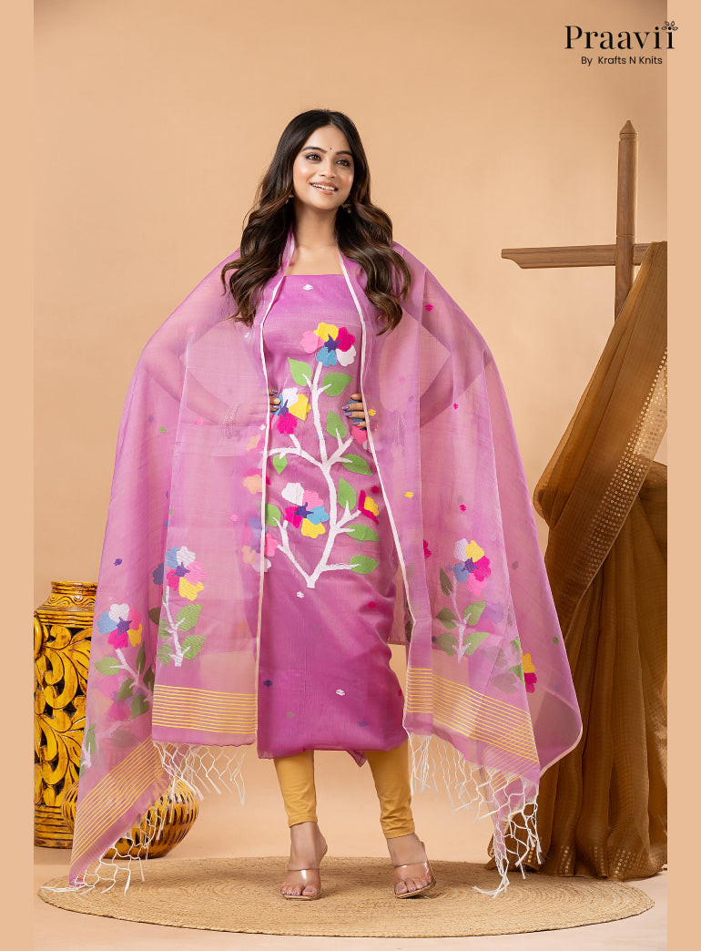 Lavender Pink Muslin Handwoven Jamdani 2-Piece Suit Set
