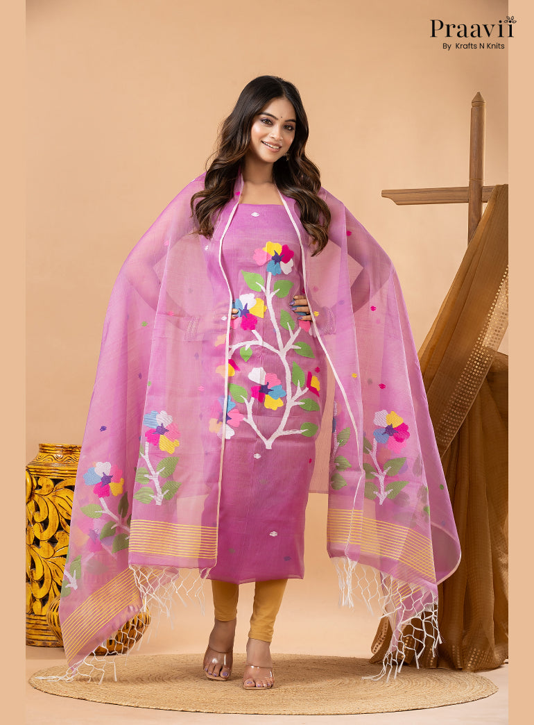 Lavender Pink Muslin Handwoven Jamdani 2-Piece Suit Set