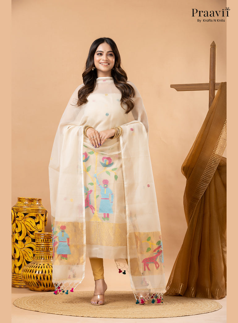 Off White Linen Paithani Tissue Jamdani 2-Piece Suit Set