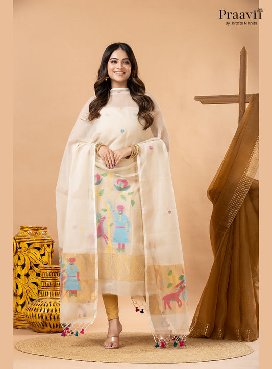 Off White Linen Paithani Tissue Jamdani 2-Piece Suit Set