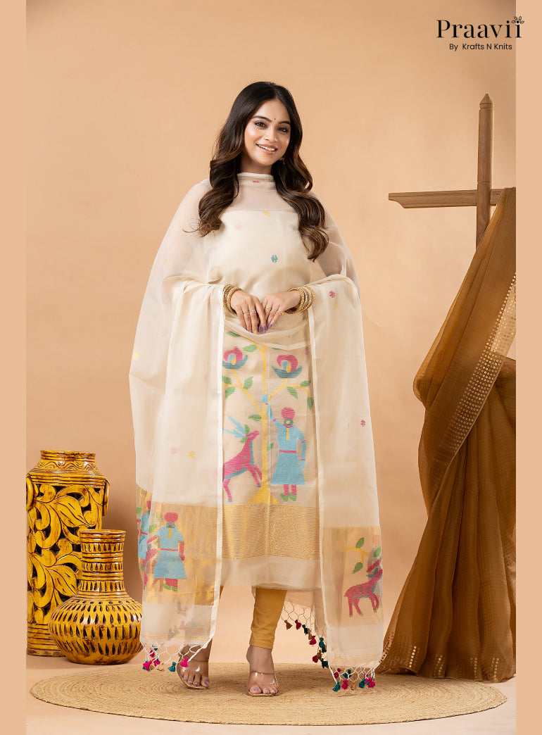 Off White Linen Paithani Tissue Jamdani 2-Piece Suit Set