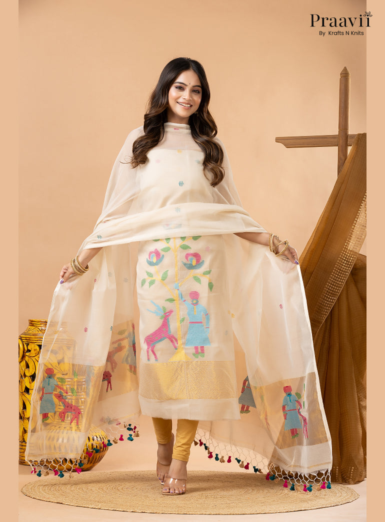 Off White Linen Paithani Tissue Jamdani 2-Piece Suit Set