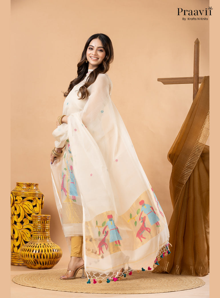 Off White Linen Paithani Tissue Jamdani 2-Piece Suit Set