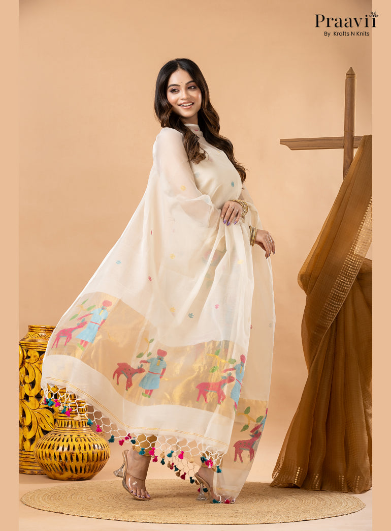 Off White Linen Paithani Tissue Jamdani 2-Piece Suit Set