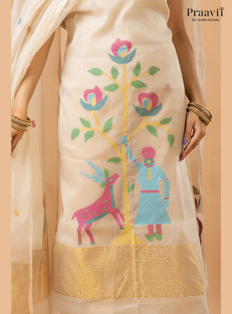 Off White Linen Paithani Tissue Jamdani 2-Piece Suit Set