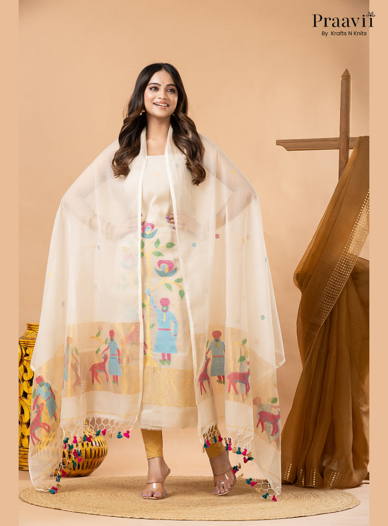 Off White Linen Paithani Tissue Jamdani 2-Piece Suit Set