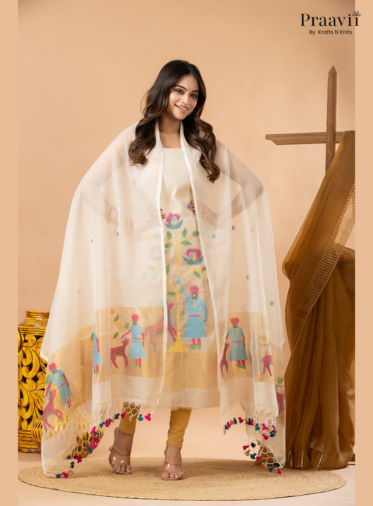 Off White Linen Paithani Tissue Jamdani 2-Piece Suit Set