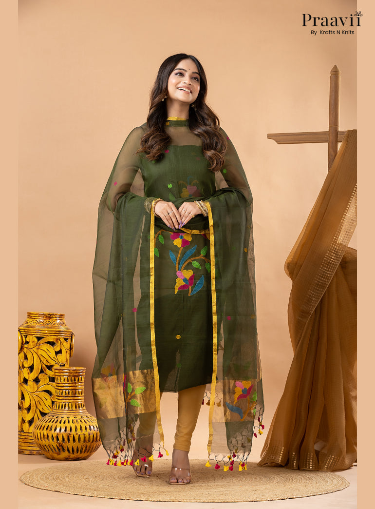 Army Green Muslin Tissue Jamdani 2-Piece Suit Set
