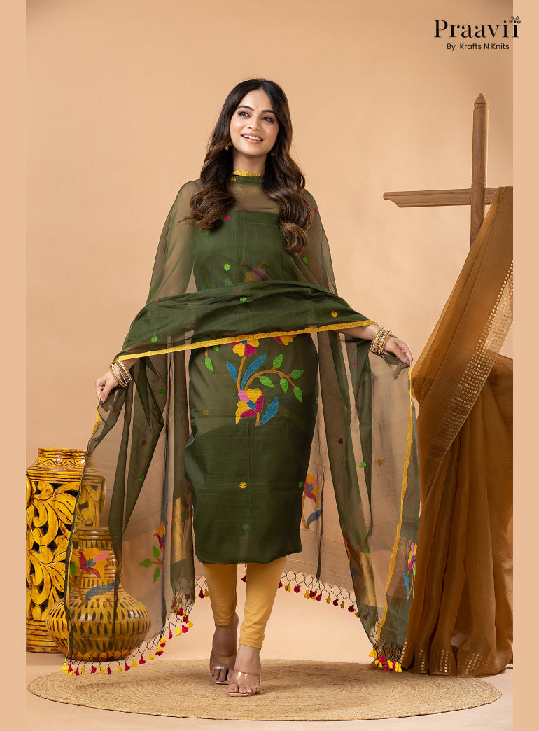 Army Green Muslin Tissue Jamdani 2-Piece Suit Set