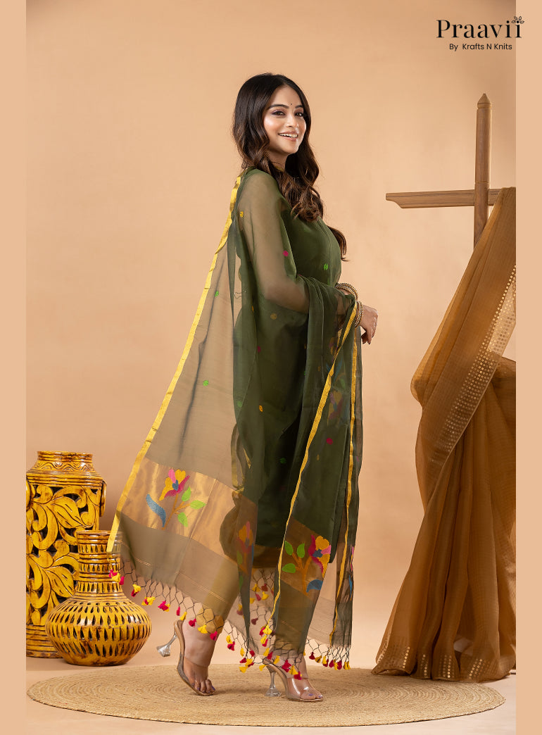 Army Green Muslin Tissue Jamdani 2-Piece Suit Set