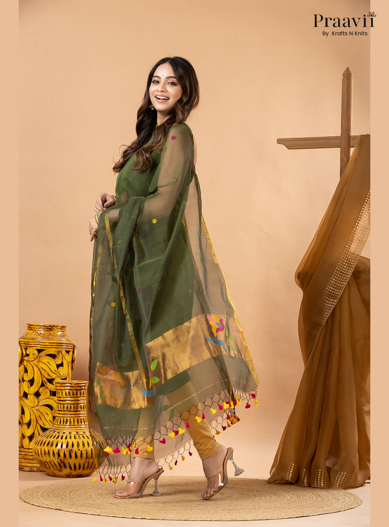 Army Green Muslin Tissue Jamdani 2-Piece Suit Set