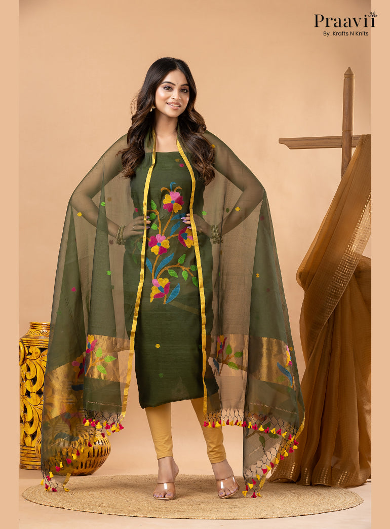 Army Green Muslin Tissue Jamdani 2-Piece Suit Set
