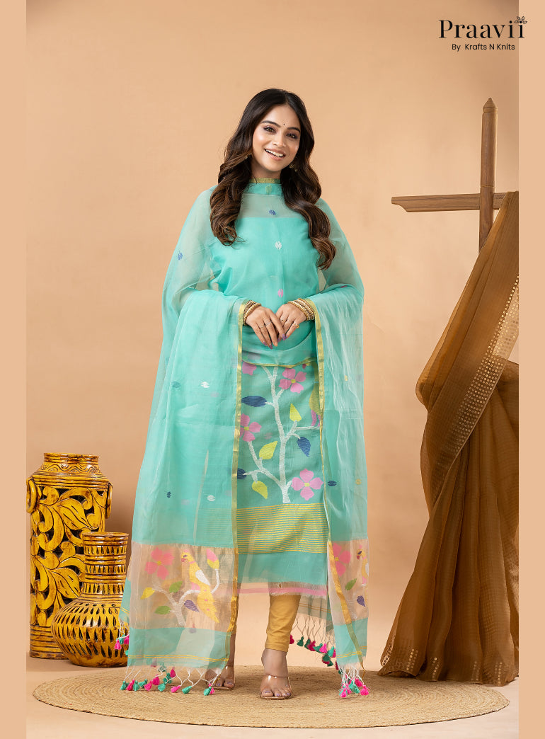 Electric Blue Muslin Jamdani 2-Piece Suit Set