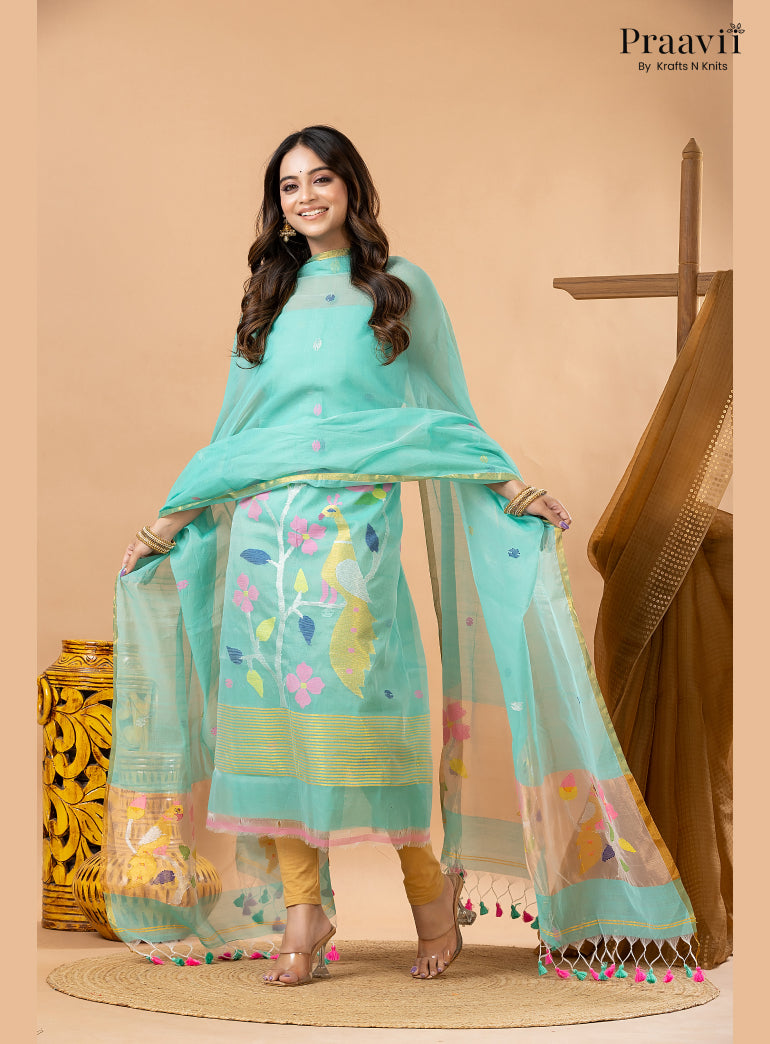Electric Blue Muslin Jamdani 2-Piece Suit Set