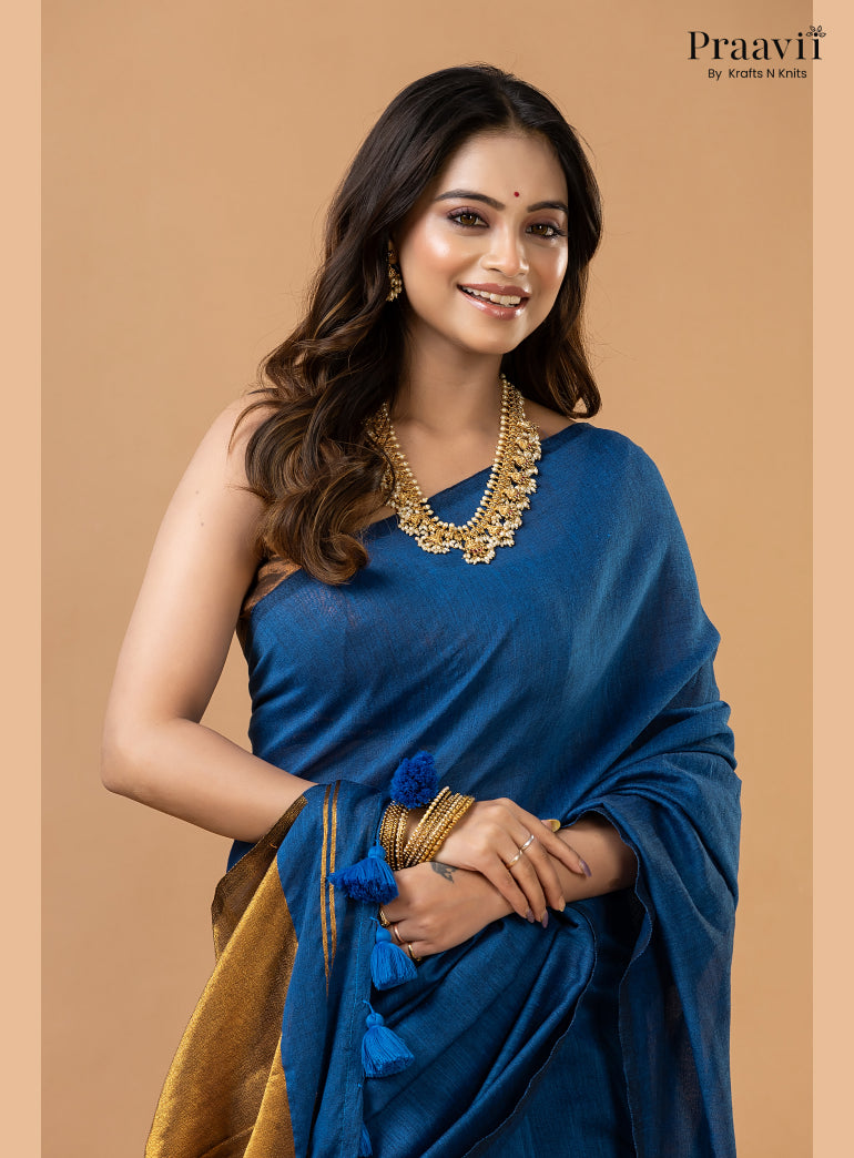 French Blue Silk by Cotton Tissue Saree
