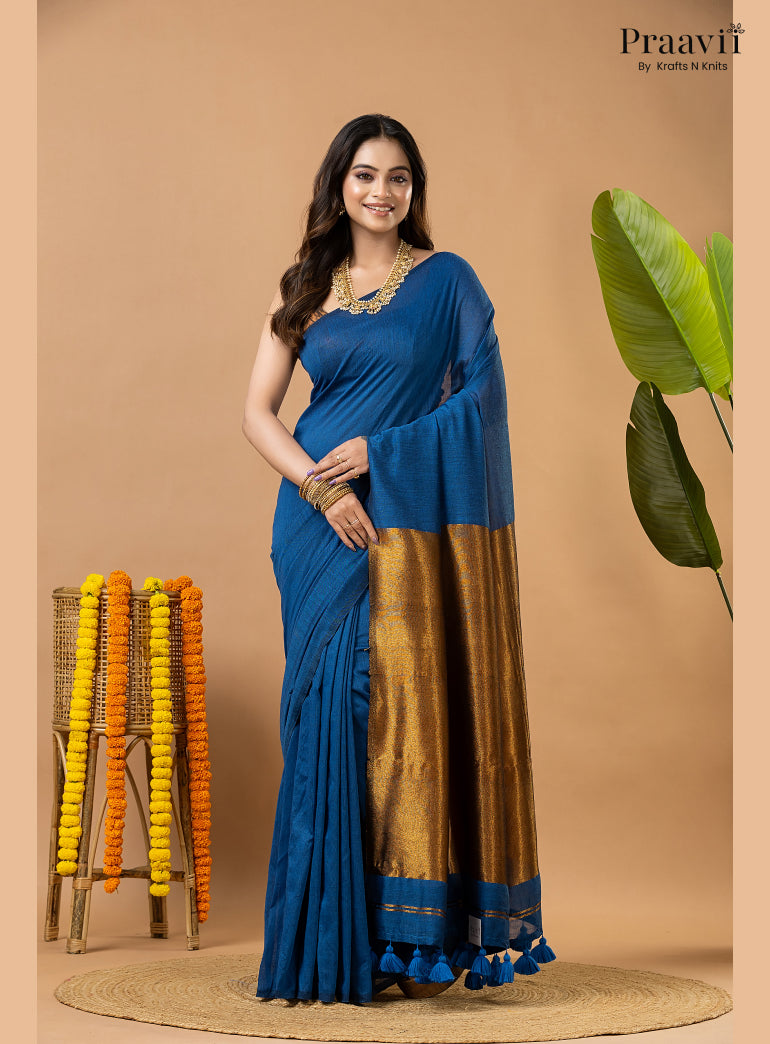 French Blue Silk by Cotton Tissue Saree