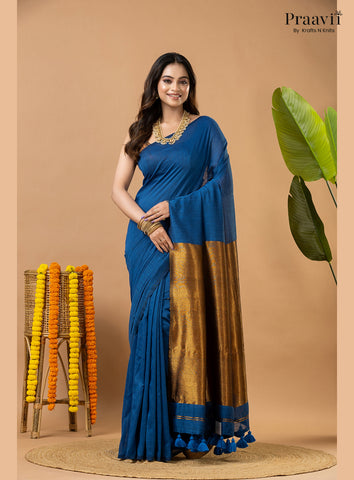 French Blue Silk by Cotton Tissue Saree