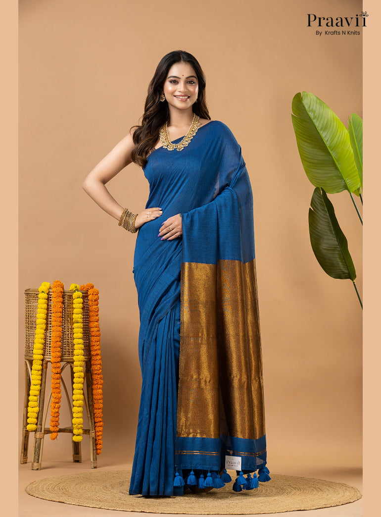 French Blue Silk by Cotton Tissue Saree