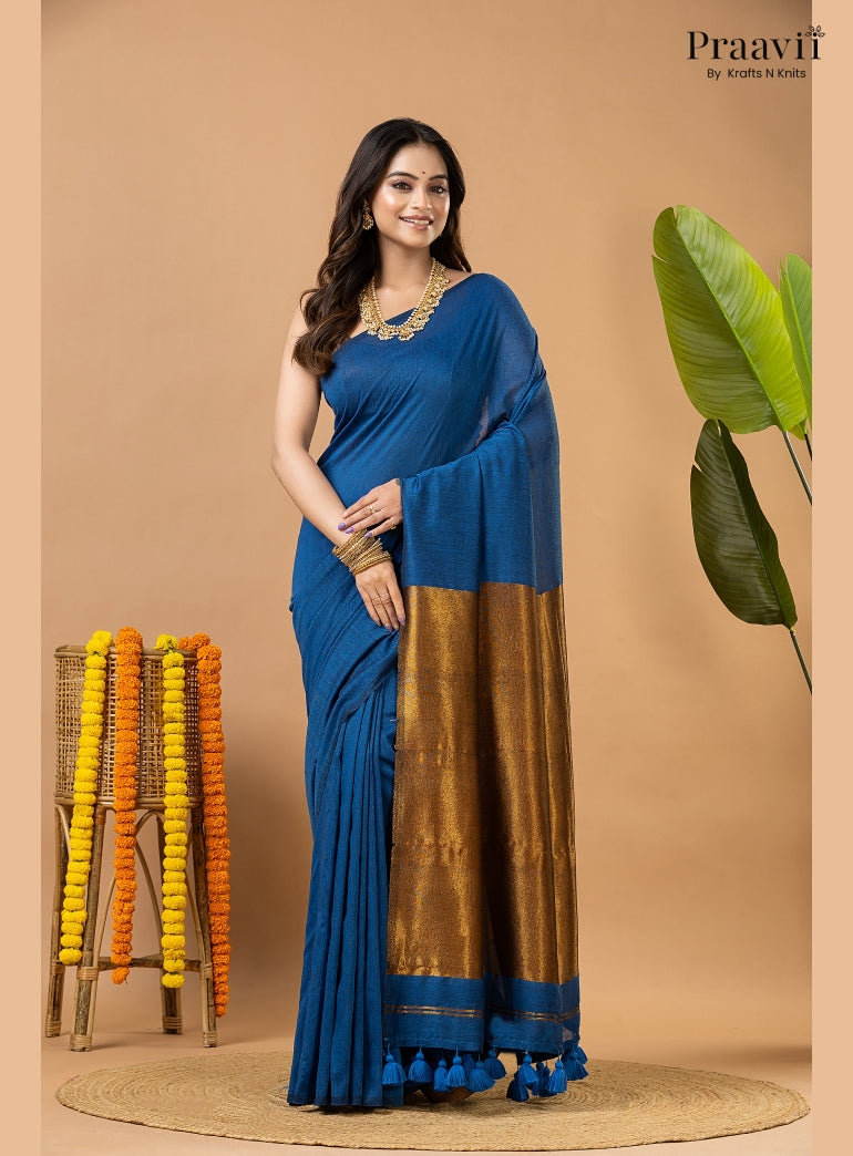 French Blue Silk by Cotton Tissue Saree