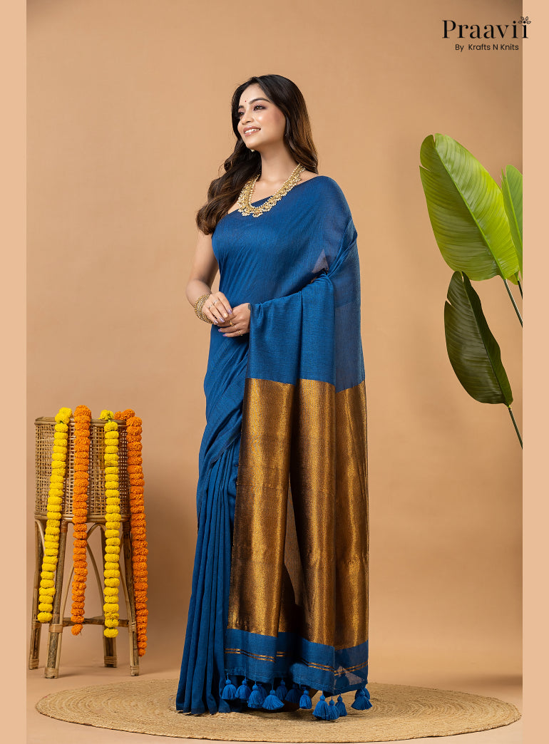 French Blue Silk by Cotton Tissue Saree