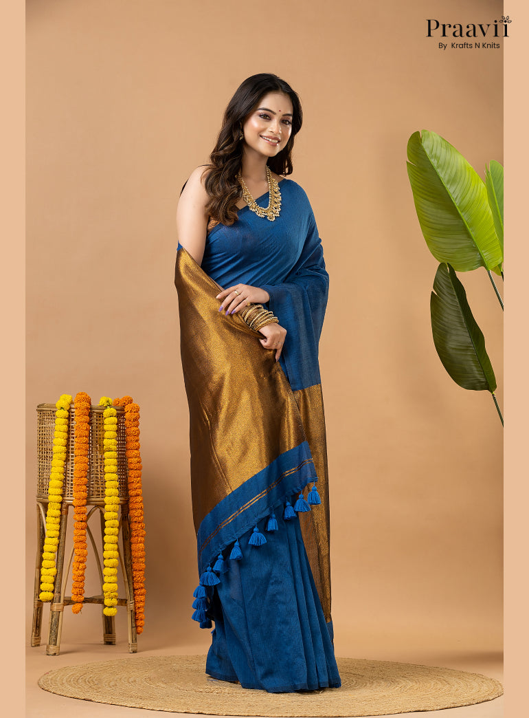 French Blue Silk by Cotton Tissue Saree