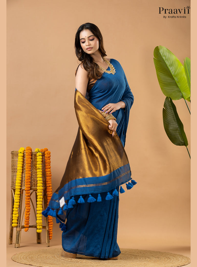 French Blue Silk by Cotton Tissue Saree