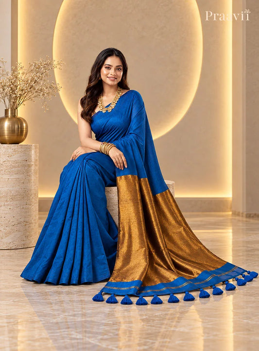 French Blue Silk by Cotton Tissue Saree