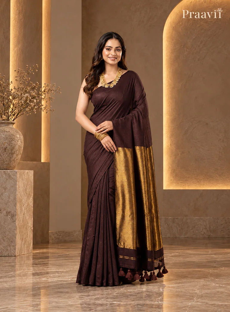 Dark Chocolate Brown Silk by Cotton Tissue Saree