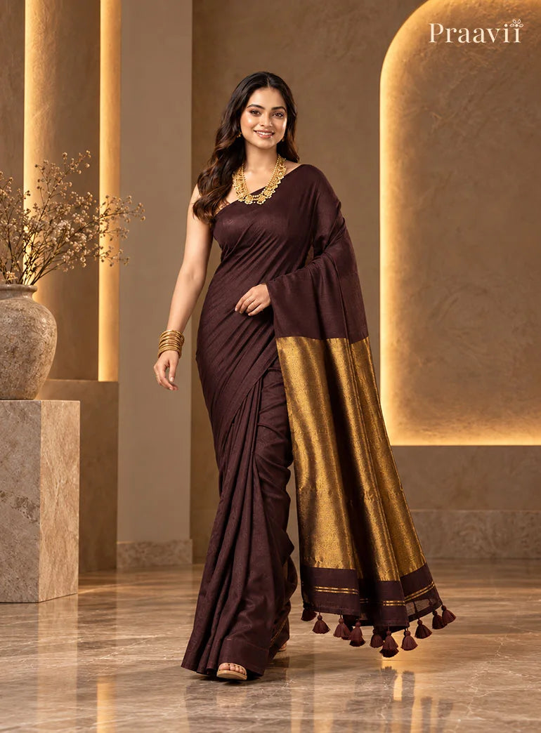 Dark Chocolate Brown Silk by Cotton Tissue Saree