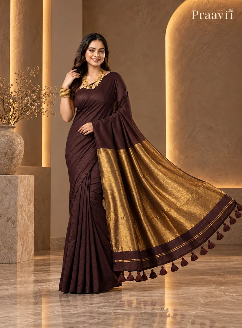 Dark Chocolate Brown Silk by Cotton Tissue Saree