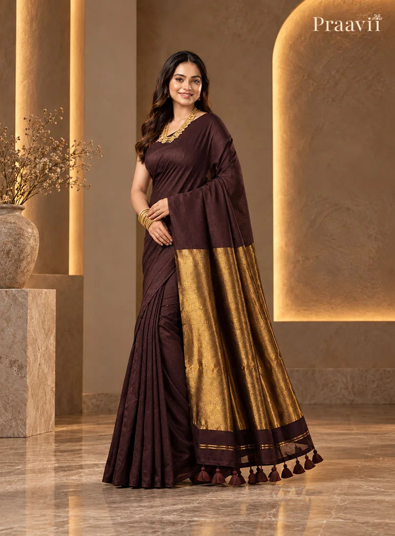 Dark Chocolate Brown Silk by Cotton Tissue Saree