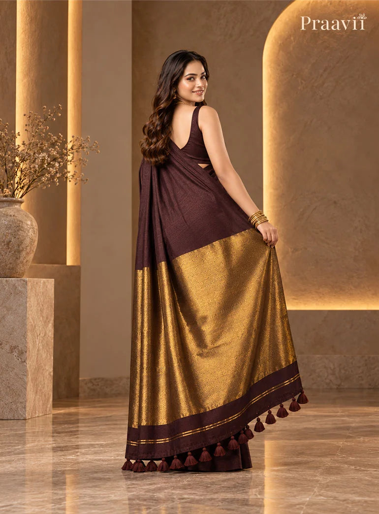 Dark Chocolate Brown Silk by Cotton Tissue Saree