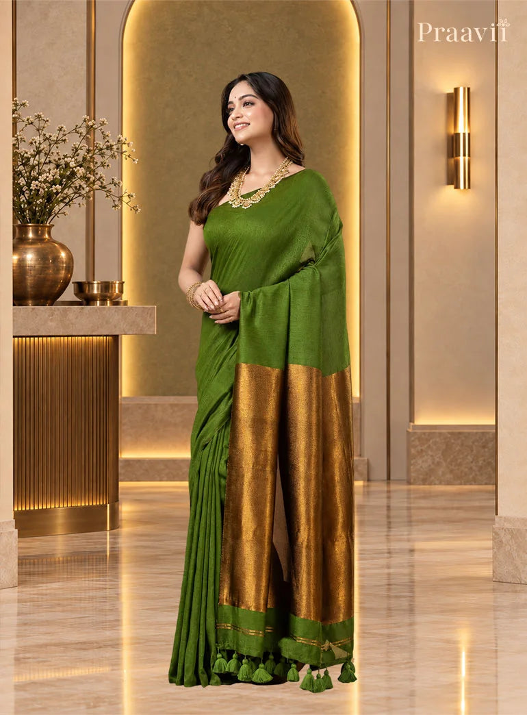 Elegant Green Silk by Cotton Tissue Saree