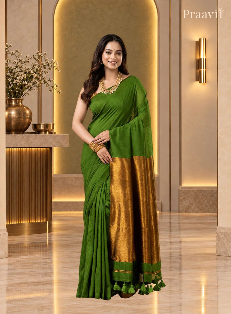 Elegant Green Silk by Cotton Tissue Saree