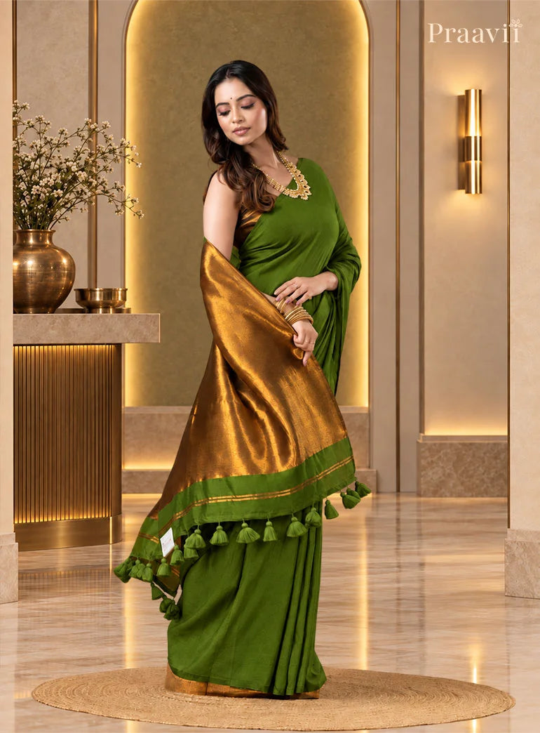 Elegant Green Silk by Cotton Tissue Saree