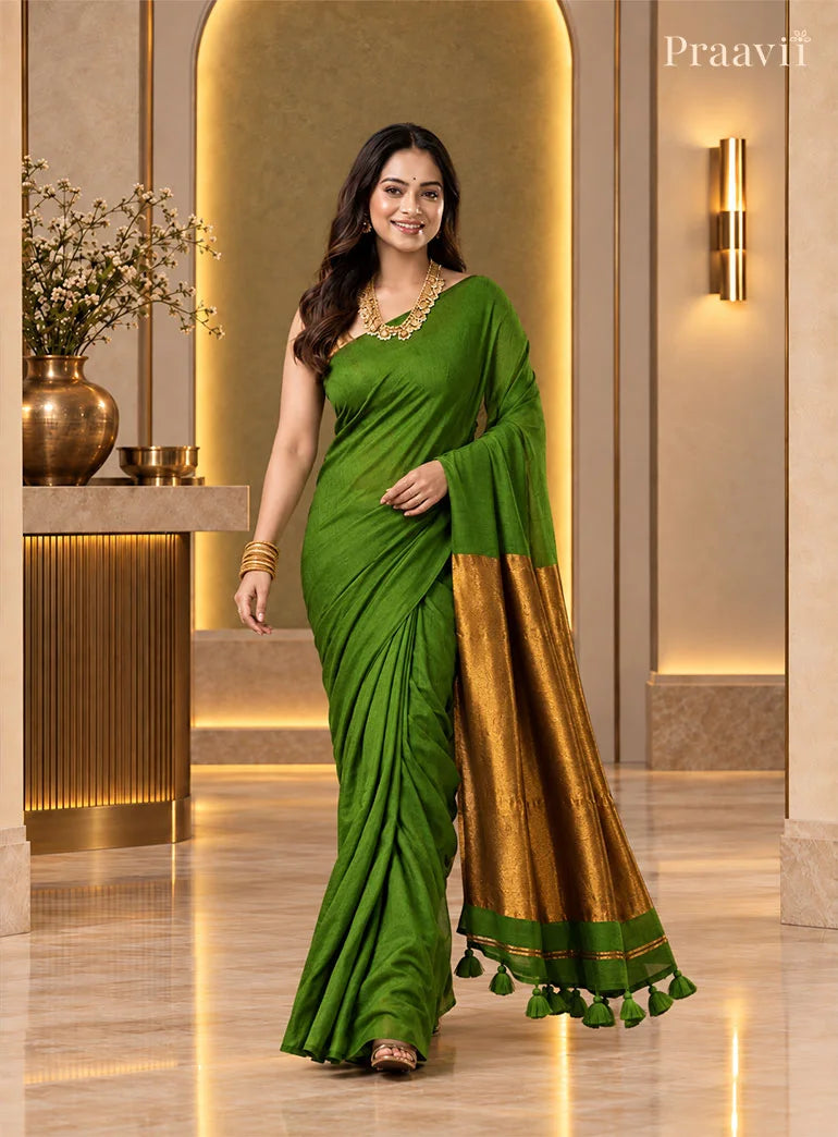 Elegant Green Silk by Cotton Tissue Saree