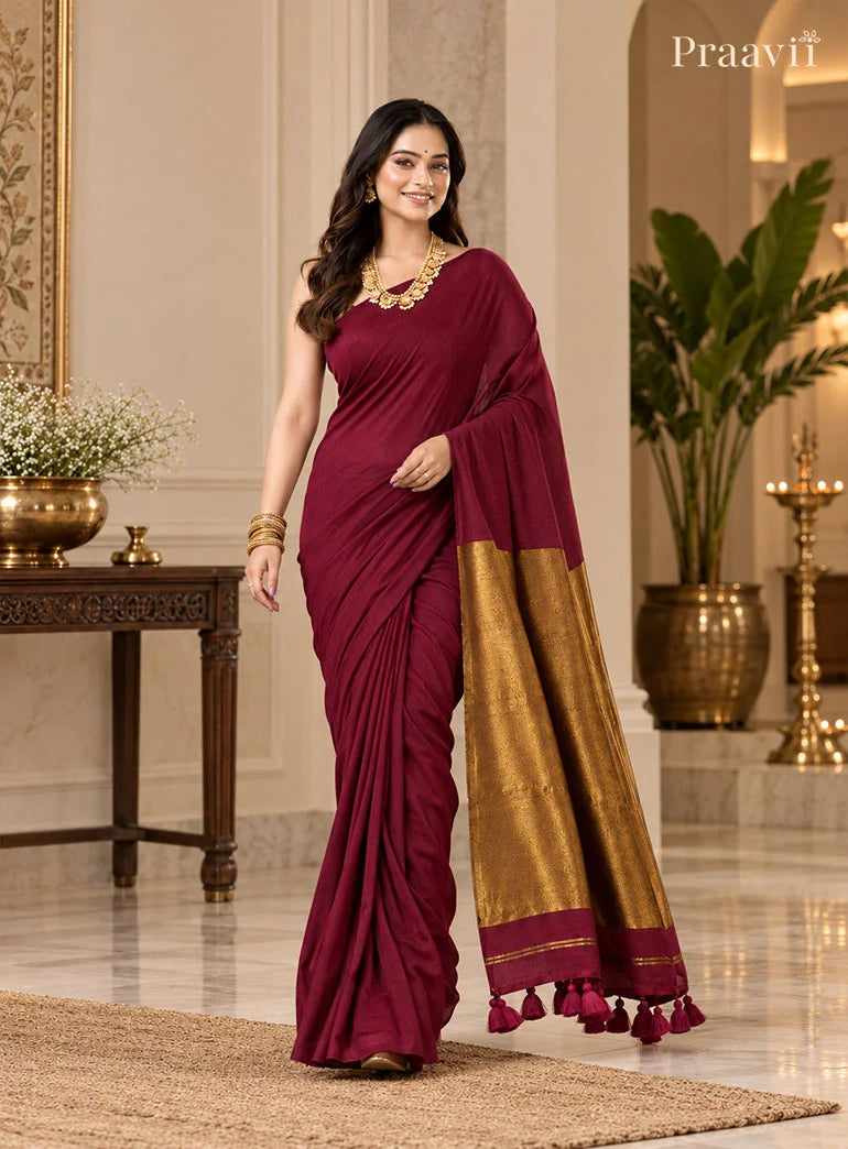 Elegant Mgenta Silk by Cotton Tissue Saree