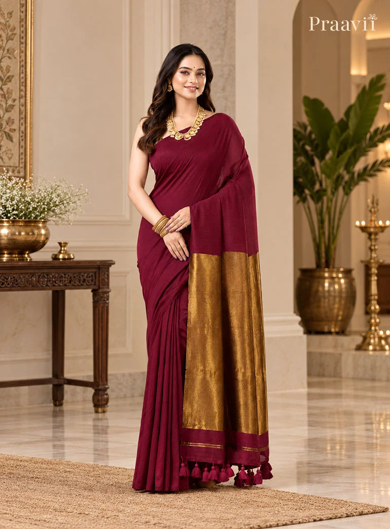 Elegant Mgenta Silk by Cotton Tissue Saree