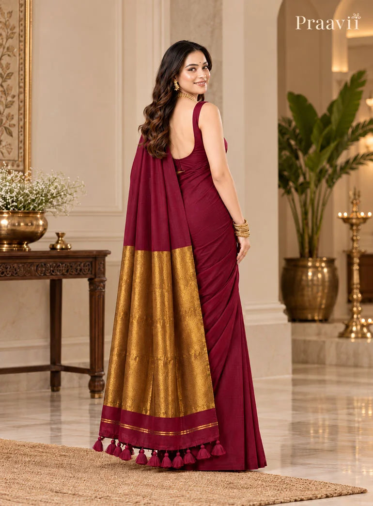 Elegant Mgenta Silk by Cotton Tissue Saree