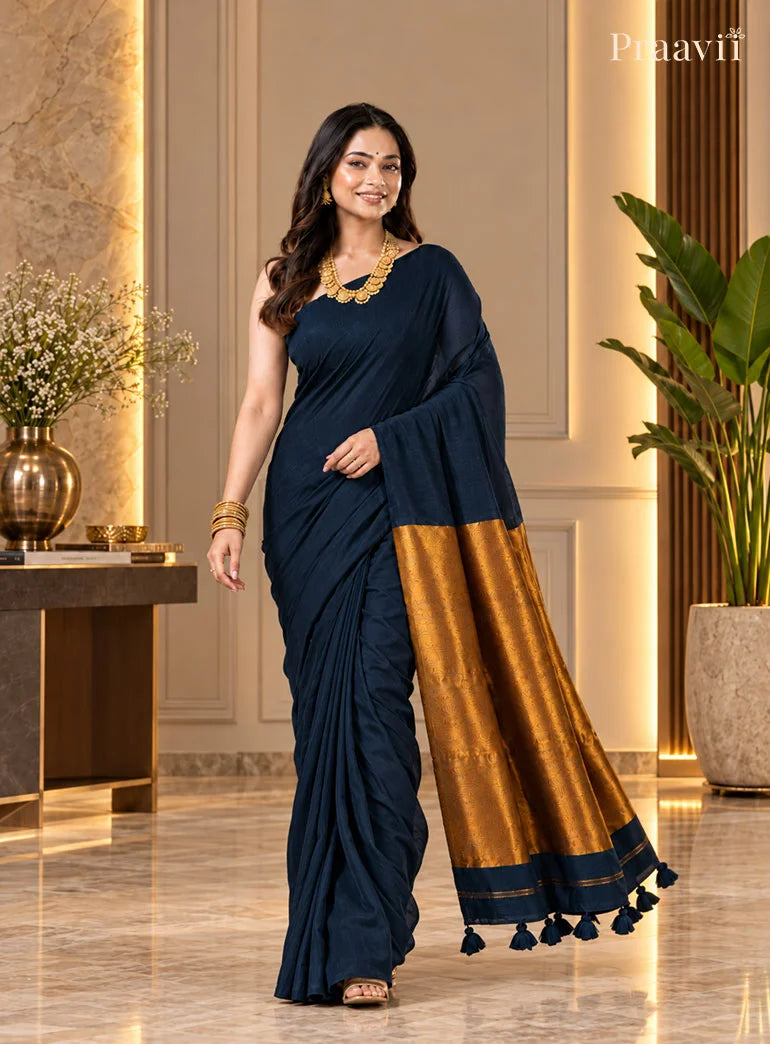 Elegant Navy Silk by Cotton Tissue Saree