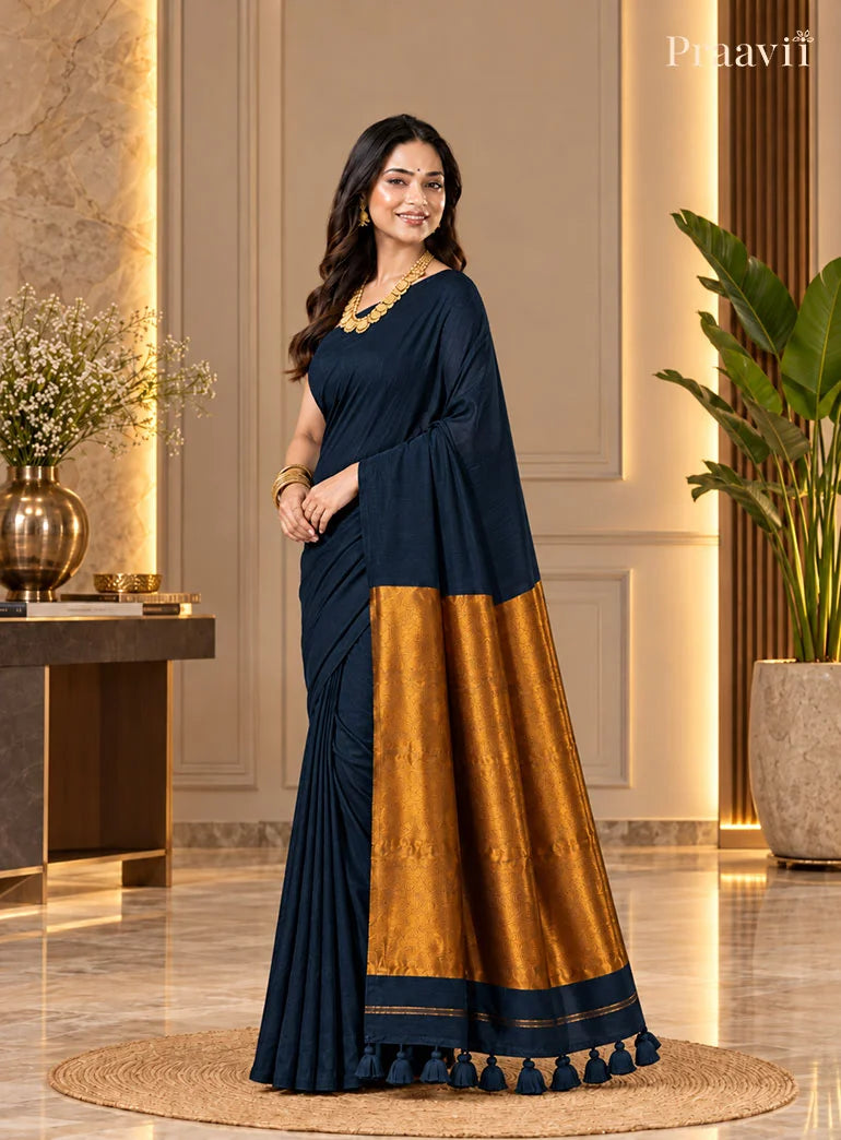 Elegant Navy Silk by Cotton Tissue Saree