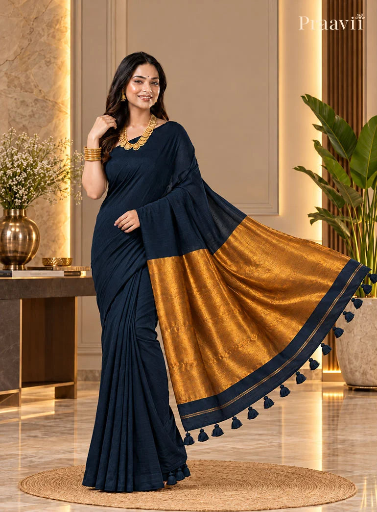 Elegant Navy Silk by Cotton Tissue Saree