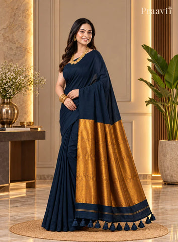 Elegant Navy Silk by Cotton Tissue Saree